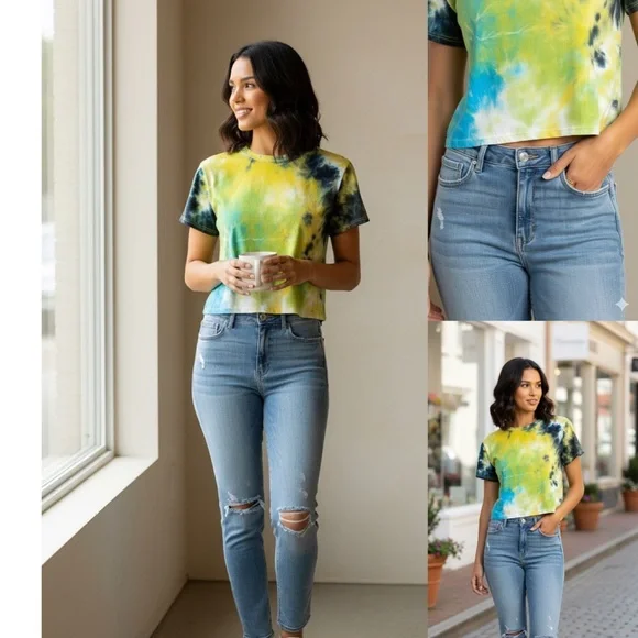 Be Free Los Angeles‎ Tie Dye Crop Top | Yellow Blue Black Short Sleeve Tee - Picture 3 of 9